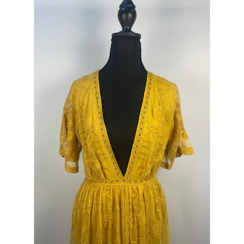 Wild Honey Mustard Yellow Lace Sheer Maxi Romper Size S - Picture 4 of 15
